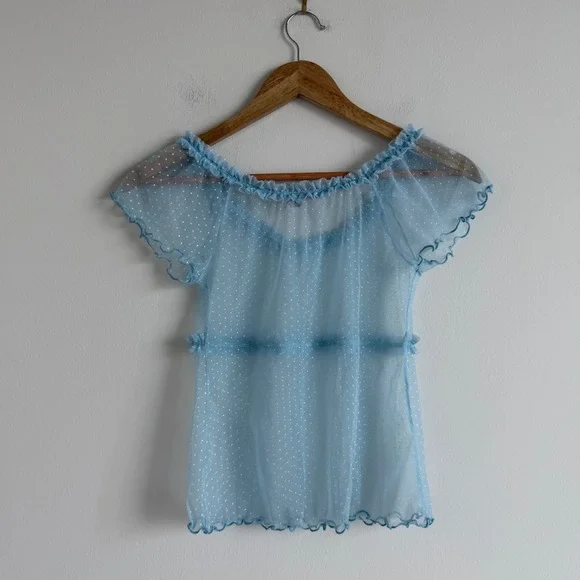 Vintage Y2K Victoria's Secret Blue Polka Dot Mesh Top Size Small - Picture 6 of 10